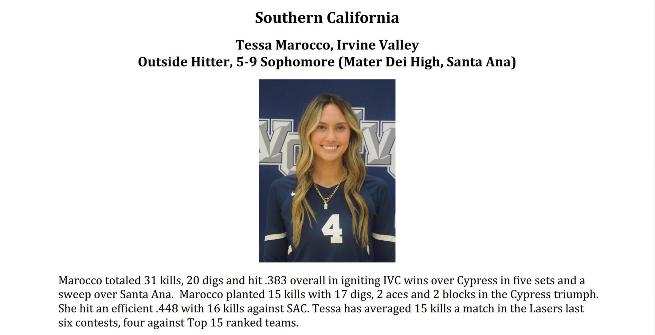 Volleyball's Tessa Marocco named a state player of the week